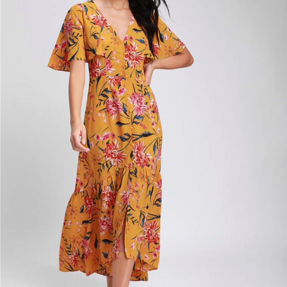 Sunshine and Smiles Mustard Yellow Floral Print High-Low Dress
